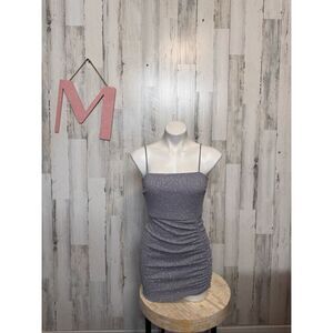 Windsor Glitter Mini Bodycon Dress Womens Medium Silver Grey Ruched Spaghetti St